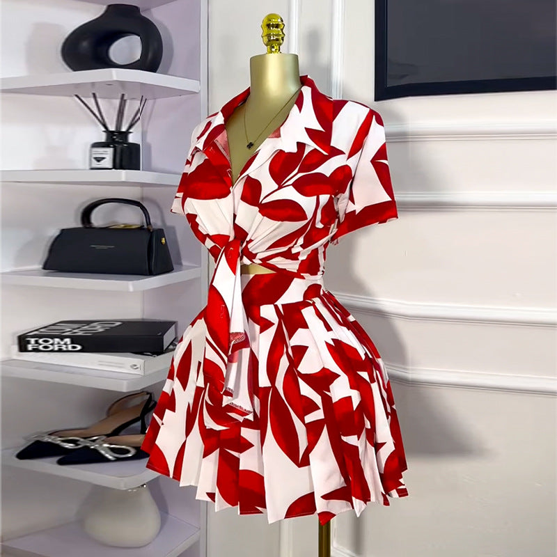 High Waist Pleated Skirt Two-piece Set